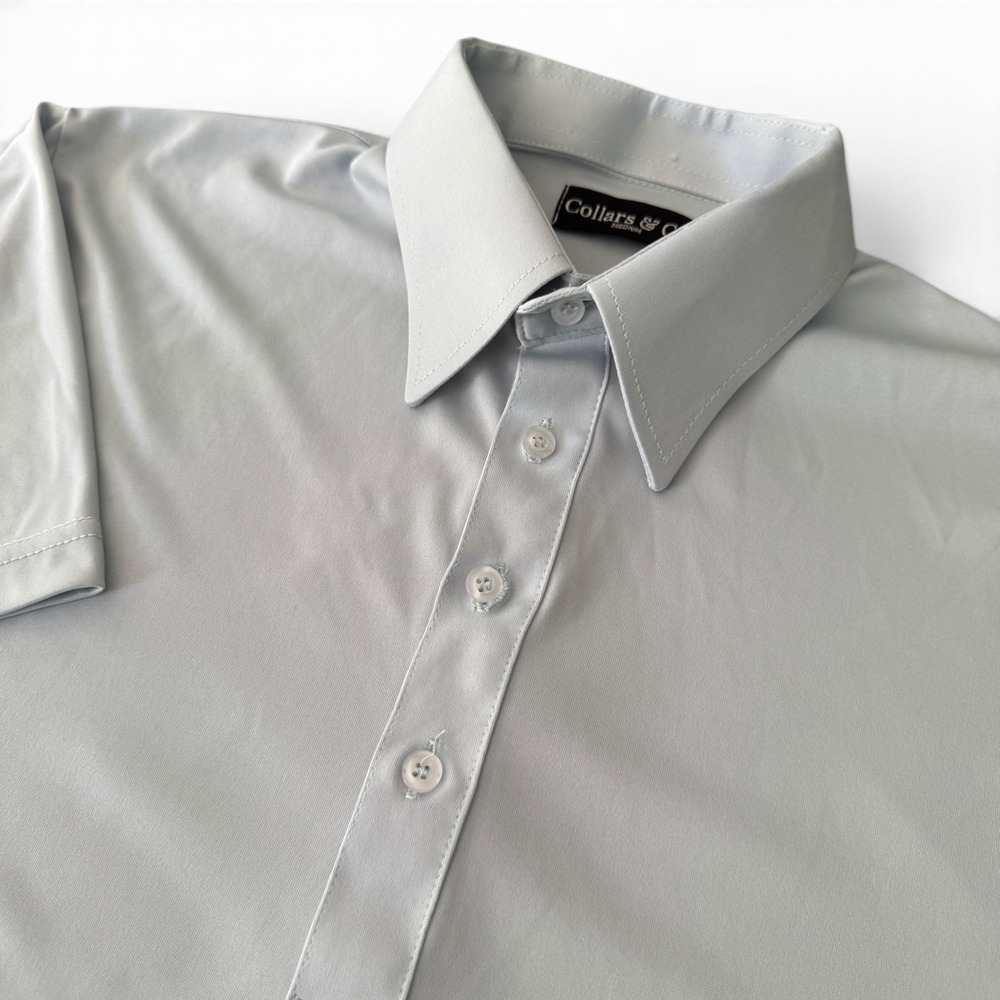 Collars & Co. Dress Collar Polo Men M Light Blue Performance Short Sleeve Button